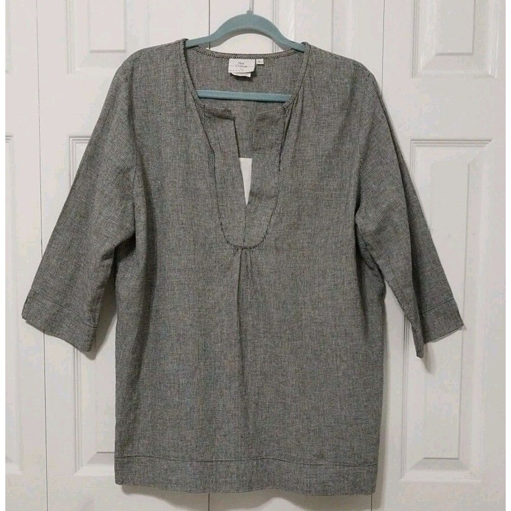 Hot Cotton Linen Minimalist Tunic Blouse Split Neck 3/4 Sleeve Neutral Boho Sz L - Picture 3 of 6